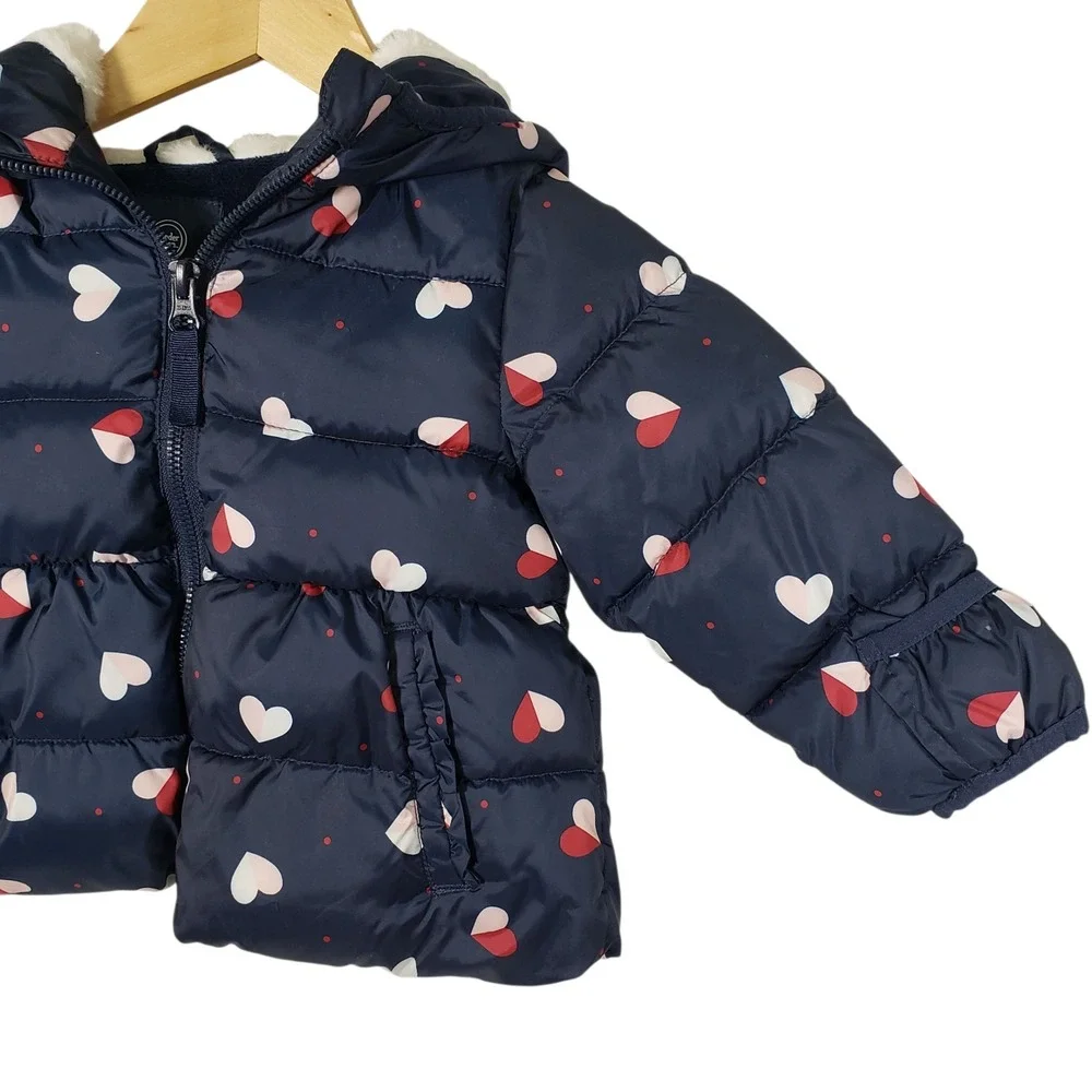 Wonder Nation‎ 12M Girls Navy Blue Hearts Puffer Jacket Hooded Peplum Cute